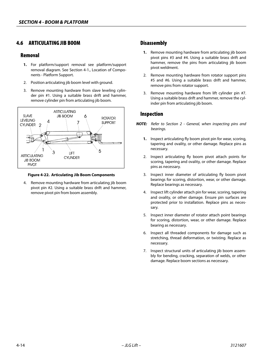 6 articulating jib boom, Removal, Disassembly | Inspection, Articulating jib boom -14, Removal -14 disassembly -14 inspection -14, Articulating jib boom components -14, 6 articulating jib boom removal | JLG 600SC_660SJC Service Manual User Manual | Page 116 / 270