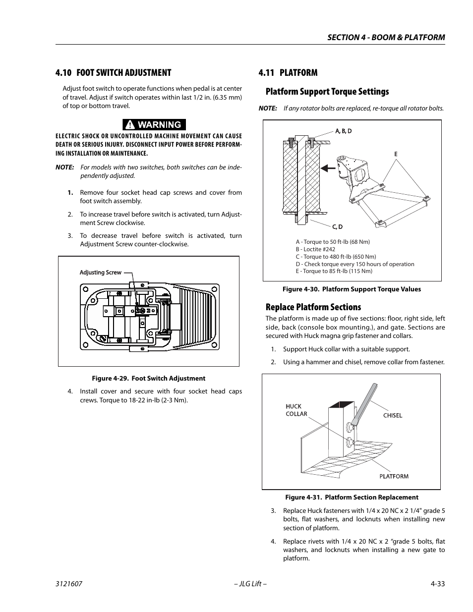 10 foot switch adjustment, 11 platform, Platform support torque settings | Replace platform sections, Foot switch adjustment -33, Platform -33, Platform support torque values -33, Platform section replacement -33, 11 platform platform support torque settings | JLG 600SC_660SJC Service Manual User Manual | Page 135 / 270