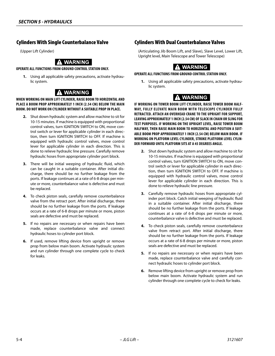 Cylinders with single counterbalance valve, Cylinders with dual counterbalance valves | JLG 600SC_660SJC Service Manual User Manual | Page 148 / 270