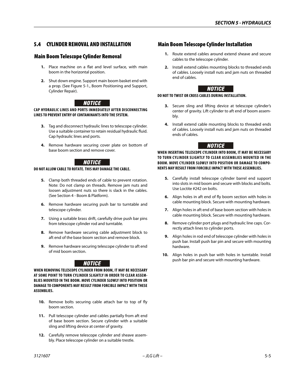 4 cylinder removal and installation, Main boom telescope cylinder removal, Main boom telescope cylinder installation | Cylinder removal and installation -5 | JLG 600SC_660SJC Service Manual User Manual | Page 149 / 270