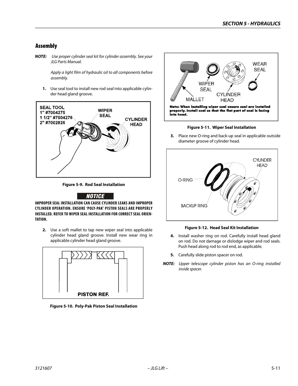 Assembly, Assembly -11, Rod seal installation -11 | Poly-pak piston seal installation -11, Wiper seal installation -11, Head seal kit installation -11 | JLG 600SC_660SJC Service Manual User Manual | Page 155 / 270