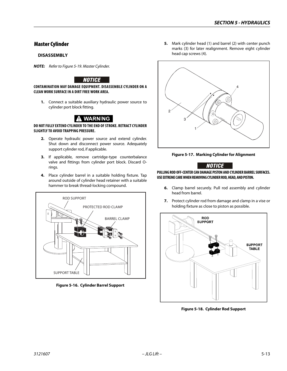 Master cylinder, Disassembly, Master cylinder -13 | Cylinder barrel support -13, Marking cylinder for alignment -13, Cylinder rod support -13 | JLG 600SC_660SJC Service Manual User Manual | Page 157 / 270