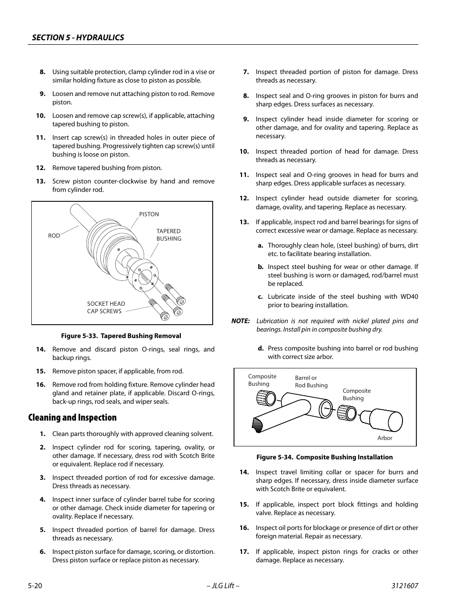 Cleaning and inspection, Cleaning and inspection -20, Tapered bushing removal -20 | Composite bushing installation -20 | JLG 600SC_660SJC Service Manual User Manual | Page 164 / 270