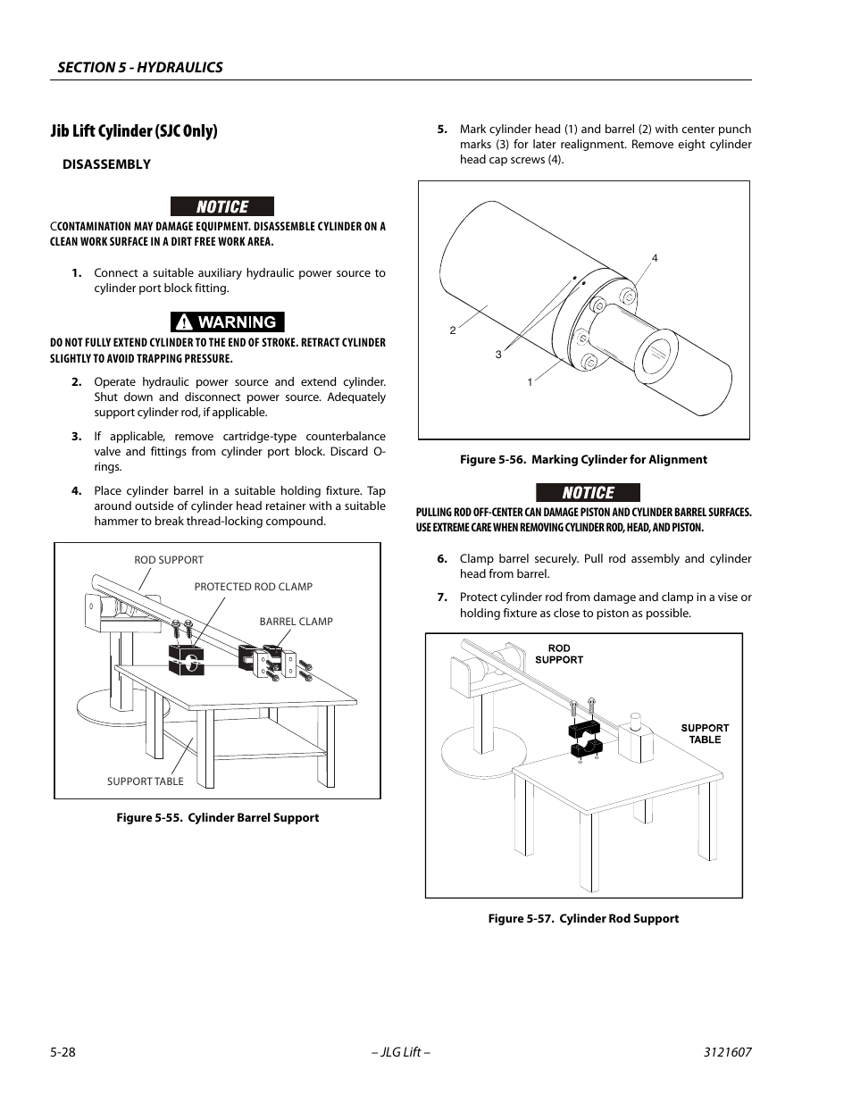 Jib lift cylinder (sjc only), Disassembly, Jib lift cylinder (sjc only) -28 | Cylinder barrel support -28, Marking cylinder for alignment -28, Cylinder rod support -28 | JLG 600SC_660SJC Service Manual User Manual | Page 172 / 270