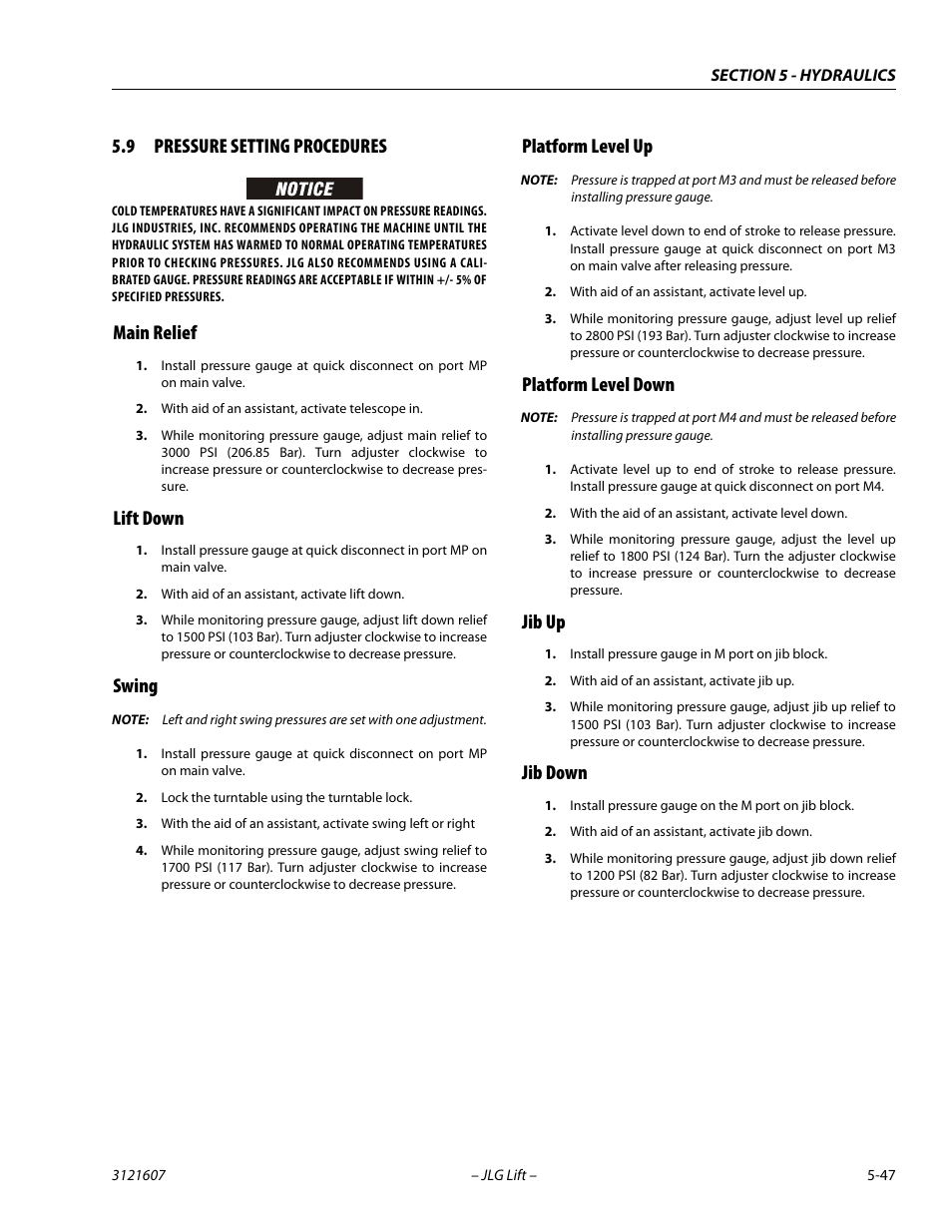9 pressure setting procedures, Main relief, Lift down | Swing, Platform level up, Platform level down, Jib up, Jib down, Pressure setting procedures -47 | JLG 600SC_660SJC Service Manual User Manual | Page 191 / 270