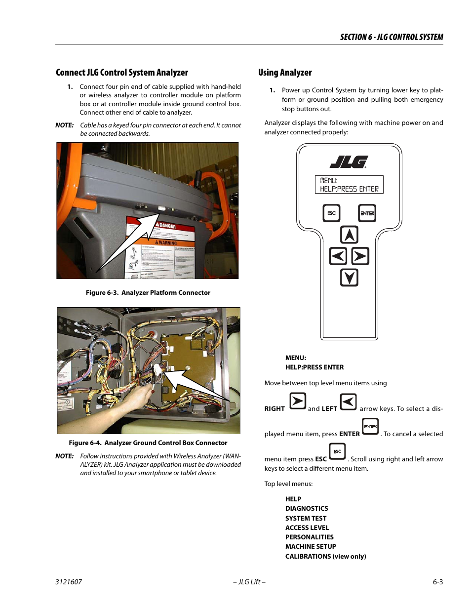Connect jlg control system analyzer, Using analyzer, Analyzer platform connector -3 | Analyzer ground control box connector -3 | JLG 600SC_660SJC Service Manual User Manual | Page 197 / 270