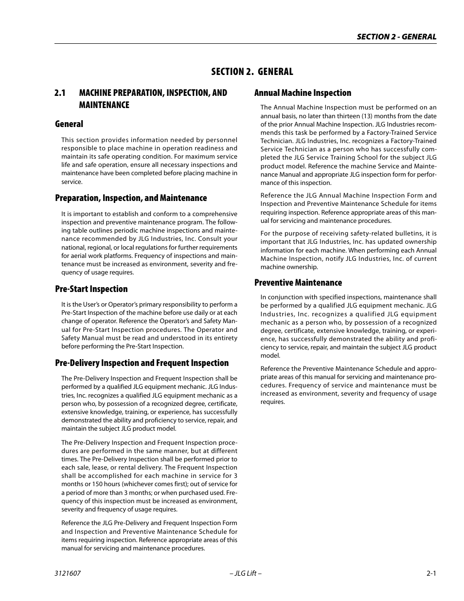 Section 2. general, 1 machine preparation, inspection, and maintenance, General | Preparation, inspection, and maintenance, Pre-start inspection, Pre-delivery inspection and frequent inspection, Annual machine inspection, Preventive maintenance, Section, 2 - general | JLG 600SC_660SJC Service Manual User Manual | Page 27 / 270