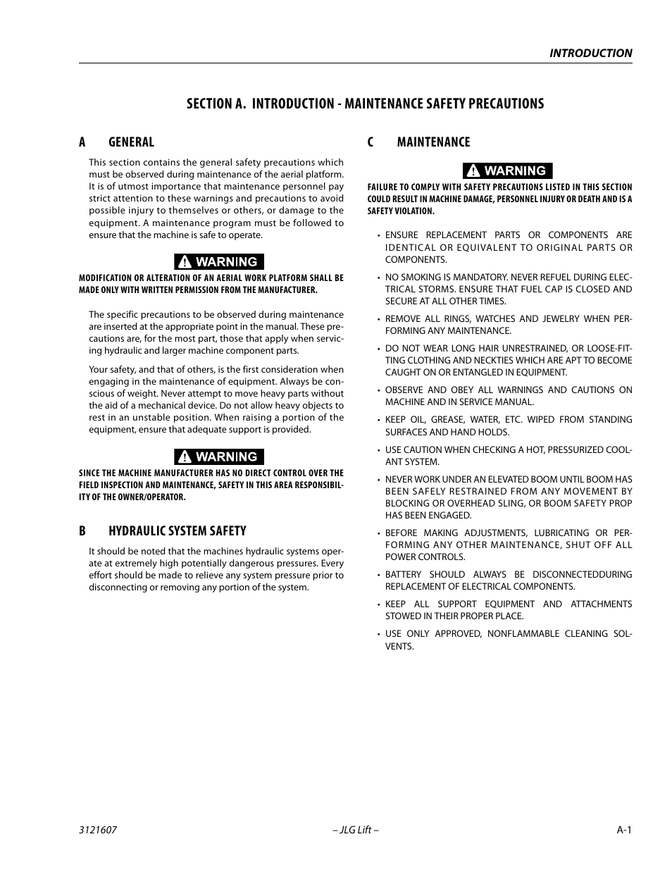 A general, B hydraulic system safety, C maintenance | Ageneral, Bhydraulic system safety, Cmaintenance | JLG 600SC_660SJC Service Manual User Manual | Page 3 / 270
