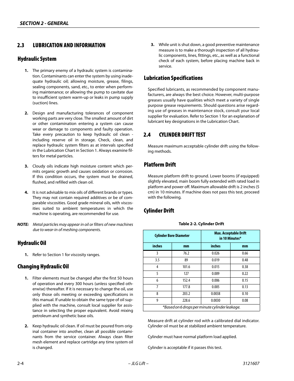 3 lubrication and information, Hydraulic system, Hydraulic oil | Changing hydraulic oil, Lubrication specifications, 4 cylinder drift test, Platform drift, Cylinder drift, Lubrication and information -4, Cylinder drift test -4 | JLG 600SC_660SJC Service Manual User Manual | Page 30 / 270