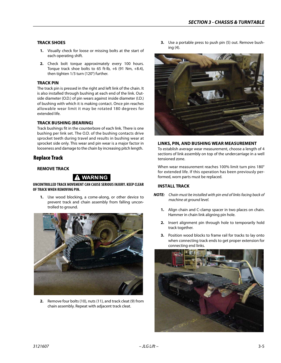 Track shoes, Track pin, Track bushing (bearing) | Replace track, Remove track, Links, pin, and bushing wear measurement, Install track, Replace track -5 | JLG 600SC_660SJC Service Manual User Manual | Page 41 / 270