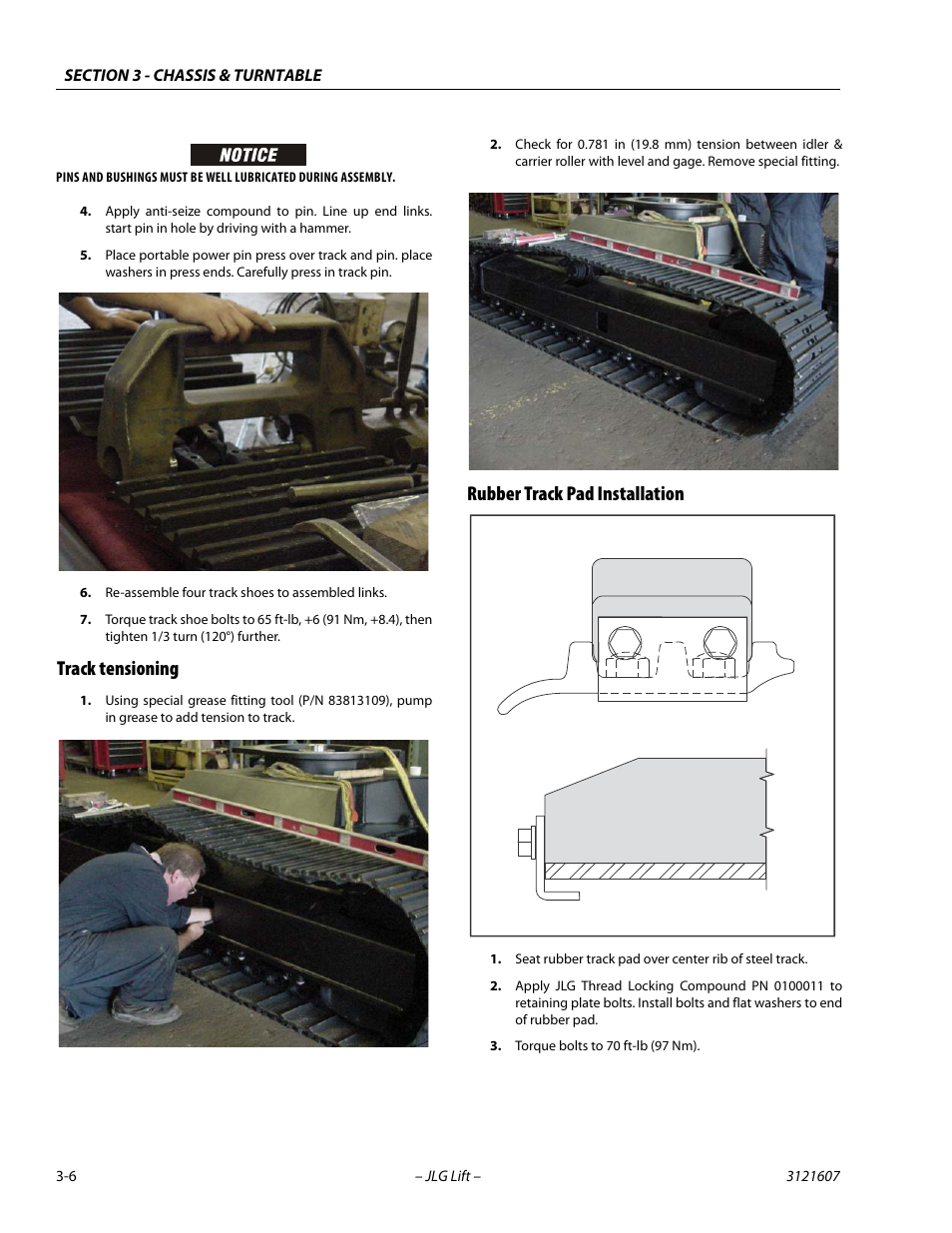 Track tensioning, Rubber track pad installation | JLG 600SC_660SJC Service Manual User Manual | Page 42 / 270