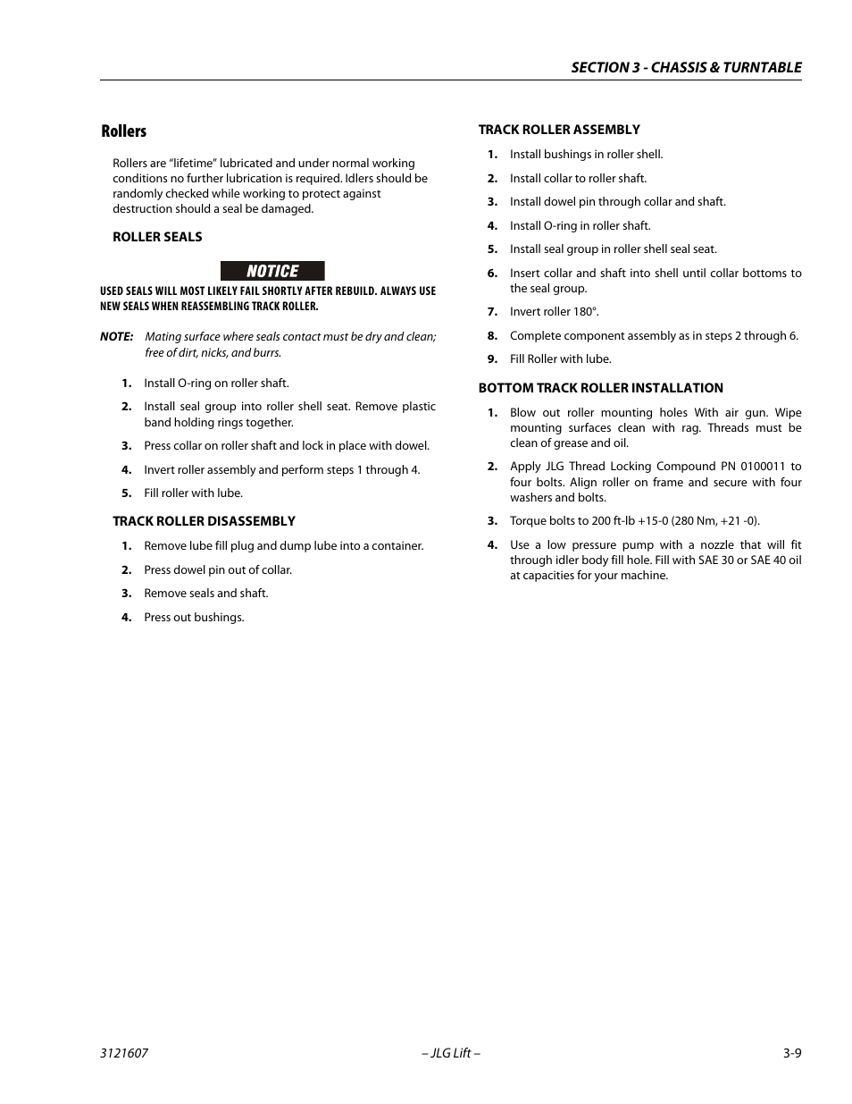 Rollers, Roller seals, Track roller disassembly | Track roller assembly, Bottom track roller installation, Rollers -9 | JLG 600SC_660SJC Service Manual User Manual | Page 45 / 270