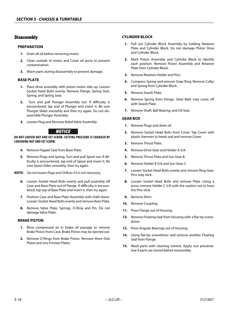 Disassembly, Preparation, Base plate | Brake piston, Cylinder block, Gear box, Disassembly -16 | JLG 600SC_660SJC Service Manual User Manual | Page 52 / 270