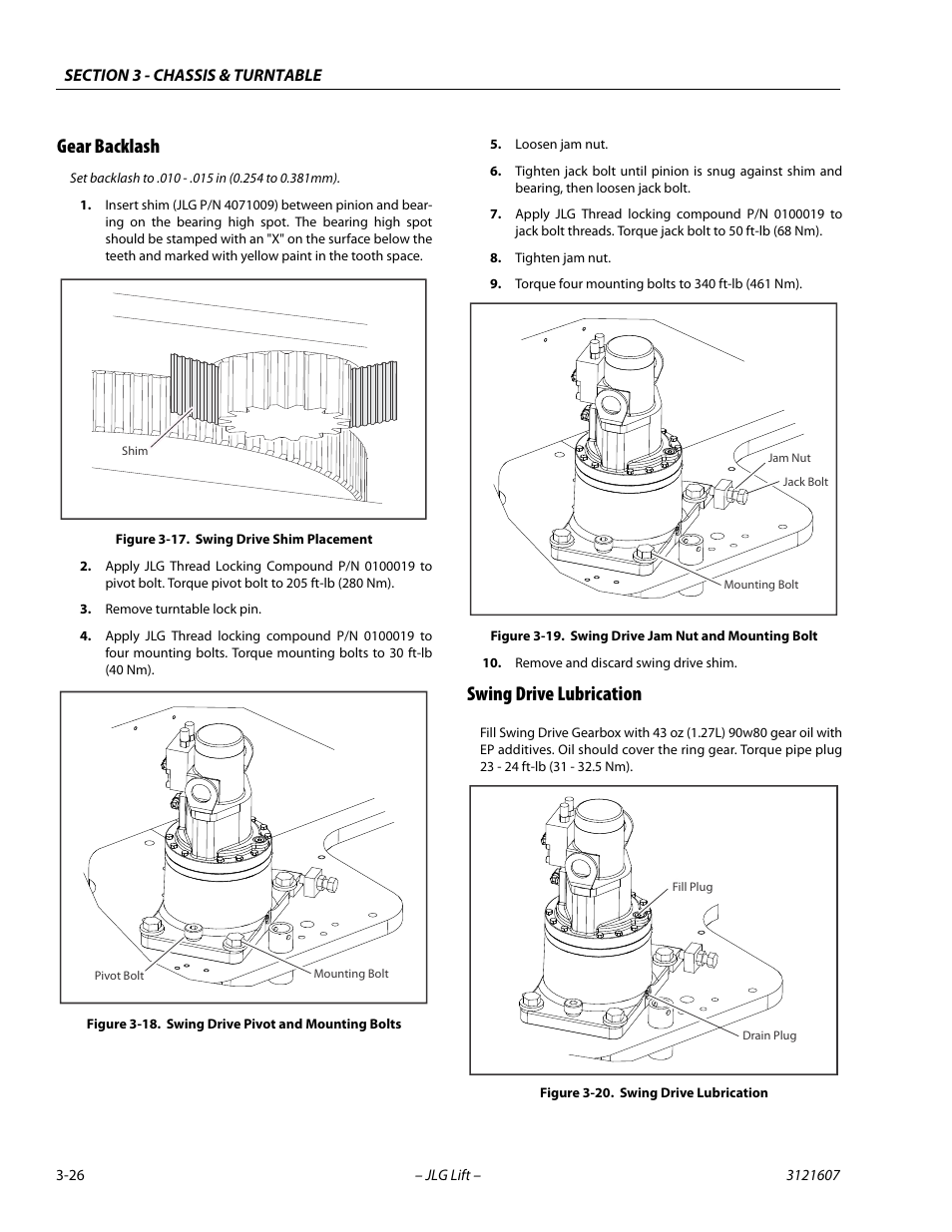 Gear backlash, Swing drive lubrication, Gear backlash -26 swing drive lubrication -26 | Swing drive shim placement -26, Swing drive pivot and mounting bolts -26, Swing drive jam nut and mounting bolt -26, Swing drive lubrication -26 | JLG 600SC_660SJC Service Manual User Manual | Page 62 / 270
