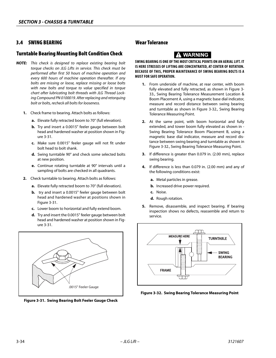 4 swing bearing, Turntable bearing mounting bolt condition check, Wear tolerance | Swing bearing -34, Swing bearing bolt feeler gauge check -34, Swing bearing tolerance measuring point -34 | JLG 600SC_660SJC Service Manual User Manual | Page 70 / 270