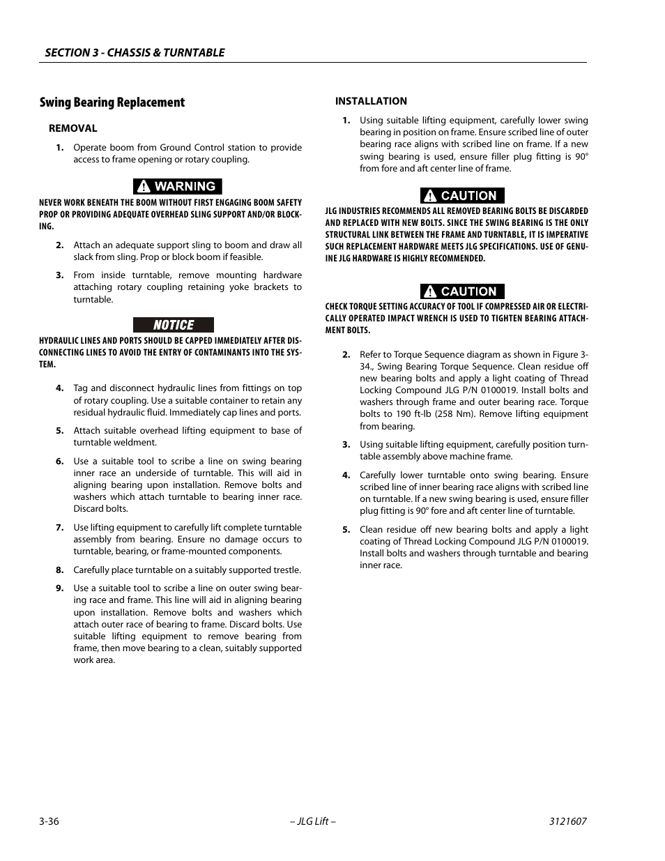 Swing bearing replacement, Removal, Installation | Swing bearing replacement -36 | JLG 600SC_660SJC Service Manual User Manual | Page 72 / 270