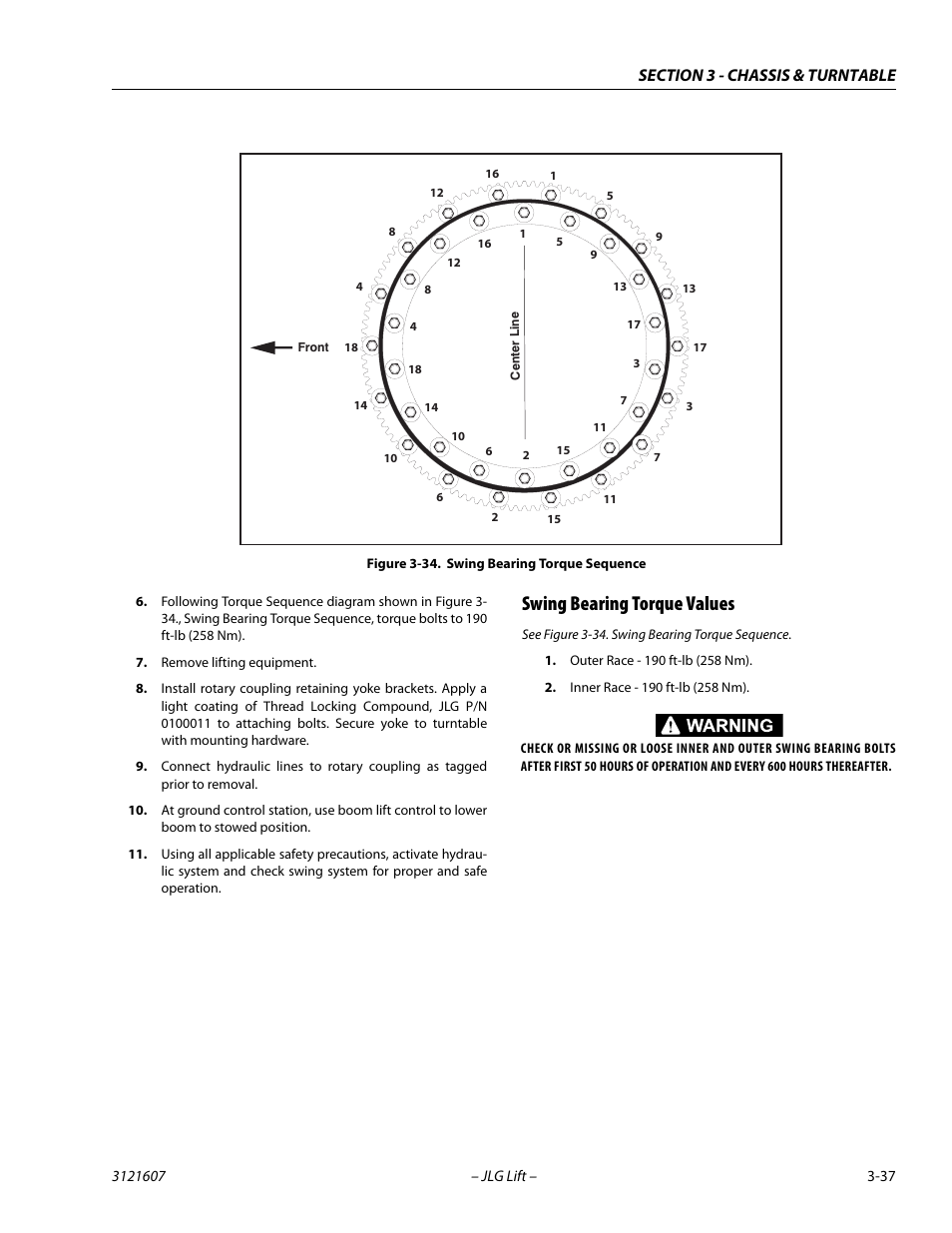 Swing bearing torque values, See figure 3-34. swing bearing torque sequence, Swing bearing torque sequence -37 | JLG 600SC_660SJC Service Manual User Manual | Page 73 / 270