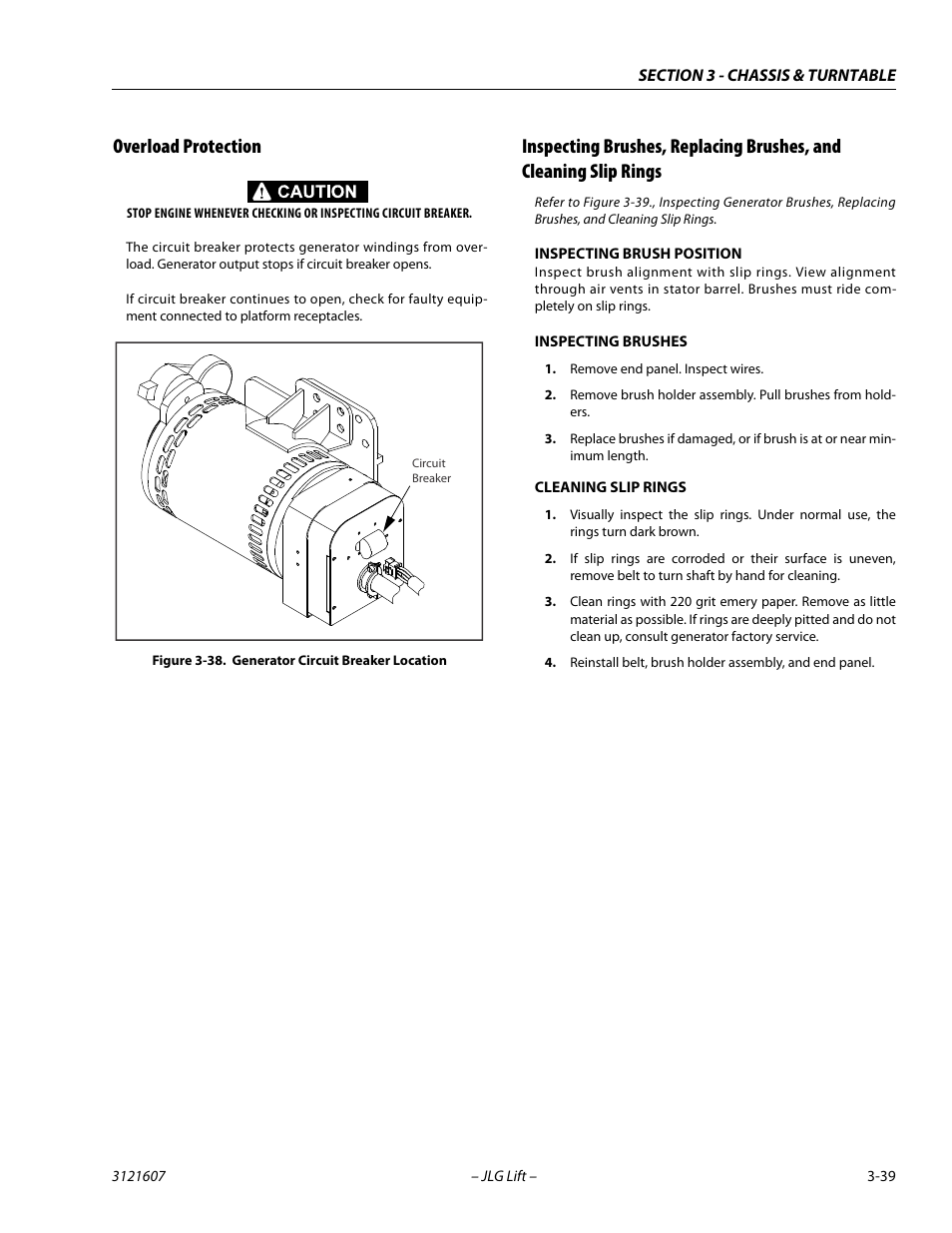 Overload protection, Inspecting brush position, Inspecting brushes | Cleaning slip rings, Generator circuit breaker location -39 | JLG 600SC_660SJC Service Manual User Manual | Page 75 / 270