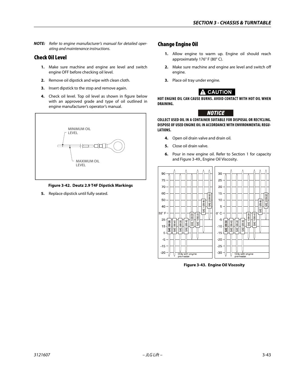Check oil level, Change engine oil, Check oil level -43 change engine oil -43 | Deutz 2.9 t4f dipstick markings -43, Engine oil viscosity -43 | JLG 600SC_660SJC Service Manual User Manual | Page 79 / 270