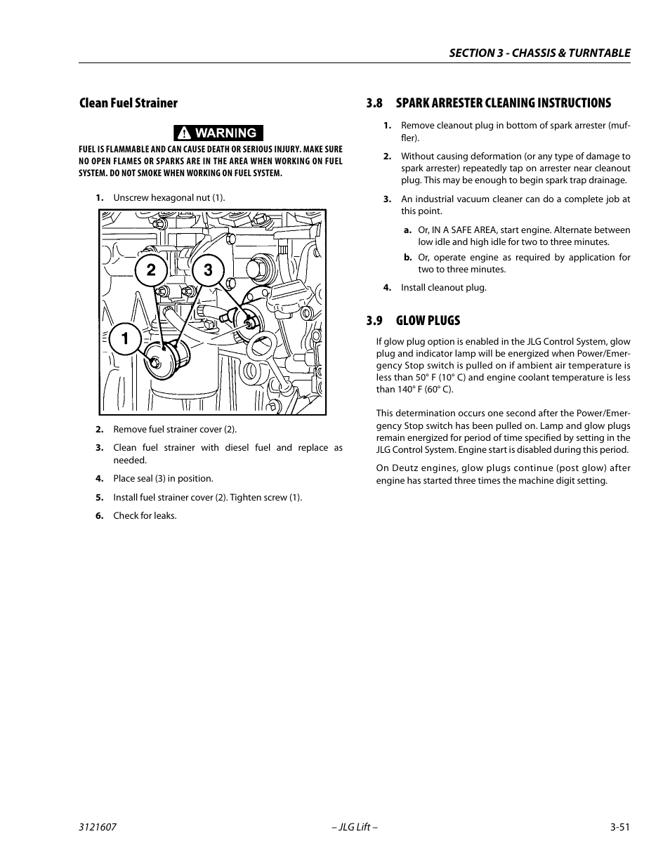 Clean fuel strainer, 8 spark arrester cleaning instructions, 9 glow plugs | Clean fuel strainer -51, Spark arrester cleaning instructions -51, Glow plugs -51 | JLG 600SC_660SJC Service Manual User Manual | Page 87 / 270