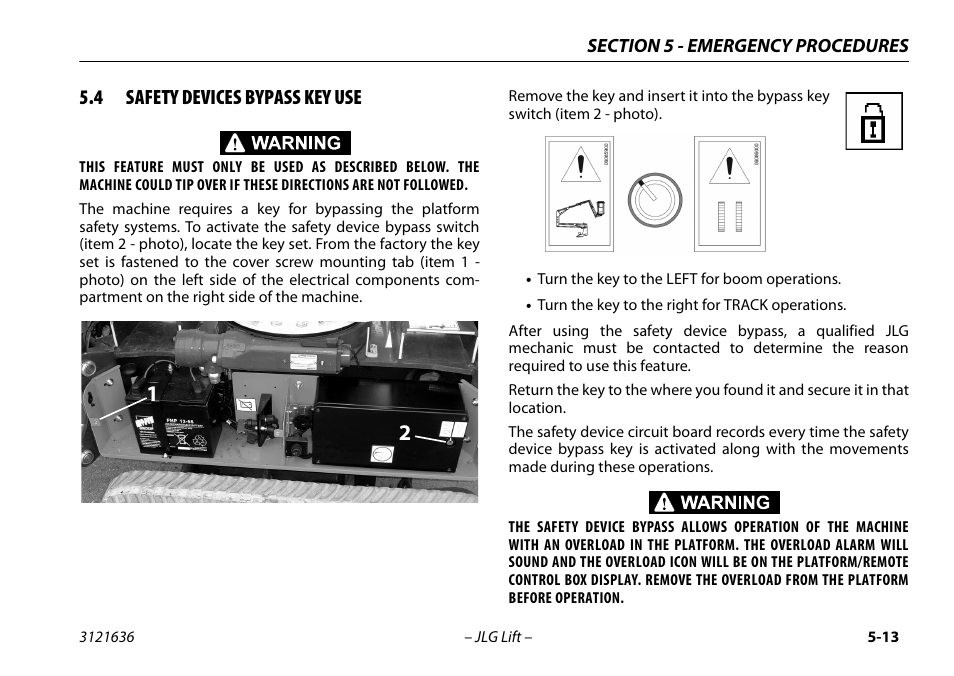 4 safety devices bypass key use, Safety devices bypass key use -13 | JLG X500AJ Operator Manual User Manual | Page 101 / 154