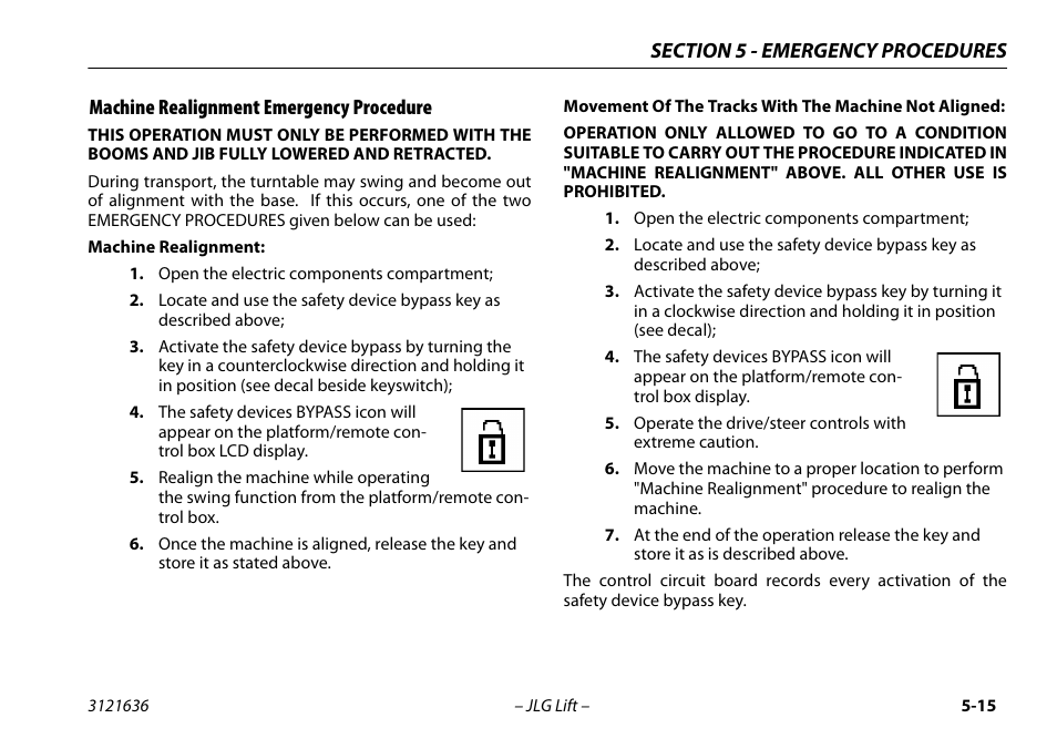 Machine realignment emergency procedure, Machine realignment emergency procedure .5-15 | JLG X500AJ Operator Manual User Manual | Page 103 / 154