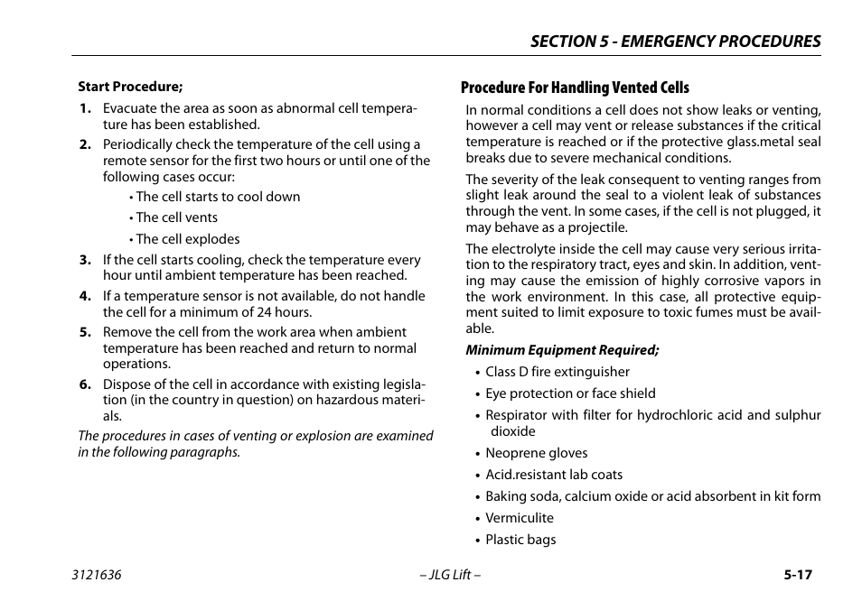 Procedure for handling vented cells, Procedure for handling vented cells -17 | JLG X500AJ Operator Manual User Manual | Page 105 / 154