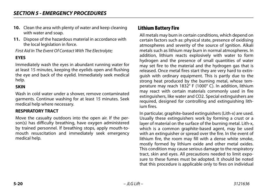 Lithium battery fire, Lithium battery fire -20 | JLG X500AJ Operator Manual User Manual | Page 108 / 154