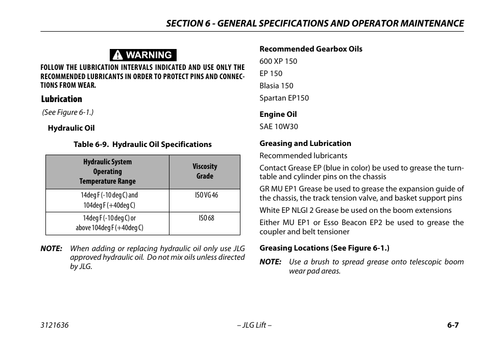 Lubrication, Lubrication -7, Hydraulic oil specifications -7 | JLG X500AJ Operator Manual User Manual | Page 117 / 154