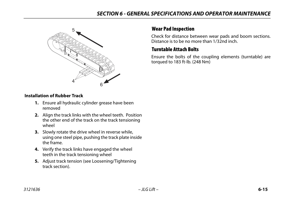 Wear pad inspection, Turntable attach bolts, Wear pad inspection -15 | Turntable attach bolts -15 | JLG X500AJ Operator Manual User Manual | Page 125 / 154