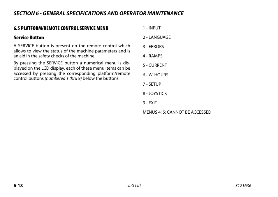 5 platform/remote control service menu, Service button, Platform/remote control service menu -18 | Service button -18 | JLG X500AJ Operator Manual User Manual | Page 128 / 154