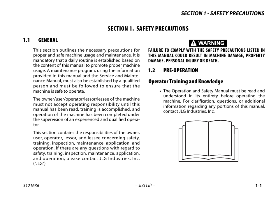 Section 1. safety precautions, 1 general, 2 pre-operation | Operator training and knowledge | JLG X500AJ Operator Manual User Manual | Page 13 / 154