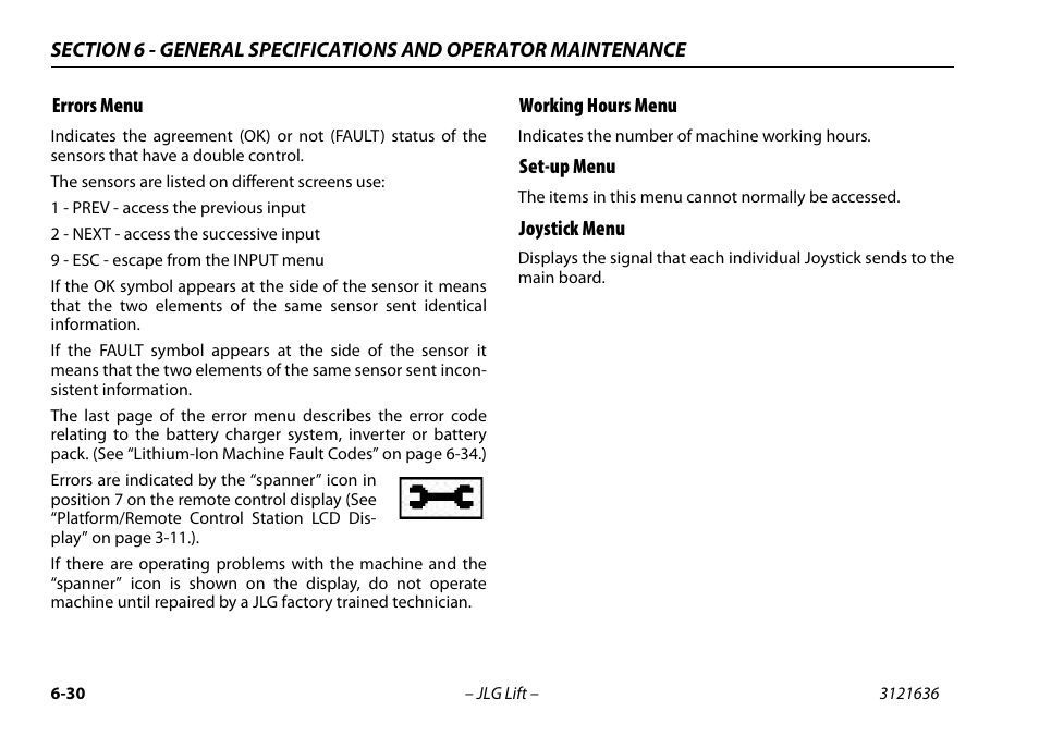 Errors menu, Working hours menu, Set-up menu | Joystick menu | JLG X500AJ Operator Manual User Manual | Page 140 / 154