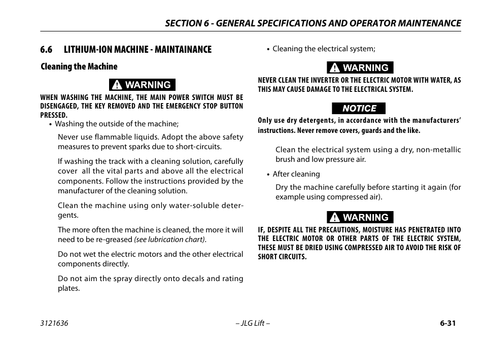 6 lithium-ion machine - maintainance, Cleaning the machine, Lithium-ion machine - maintainance -31 | Cleaning the machine -31 | JLG X500AJ Operator Manual User Manual | Page 141 / 154