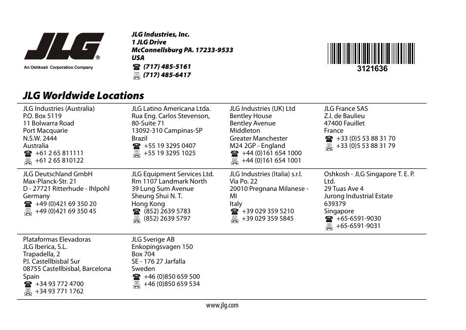 Jlg worldwide locations | JLG X500AJ Operator Manual User Manual | Page 154 / 154