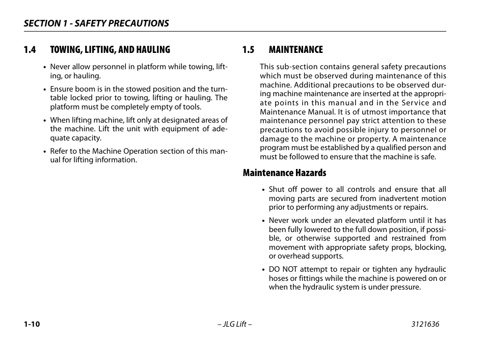 4 towing, lifting, and hauling, 5 maintenance, Maintenance hazards | JLG X500AJ Operator Manual User Manual | Page 22 / 154