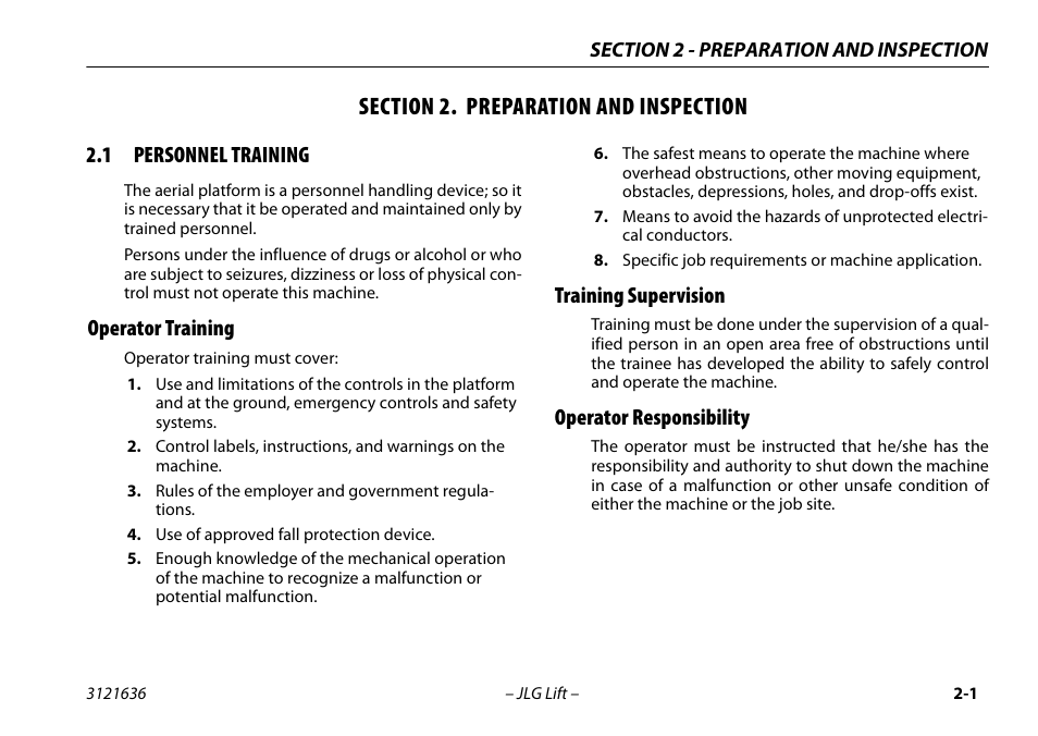 Section 2. preparation and inspection, 1 personnel training, Operator training | Training supervision, Operator responsibility, Section - 2 - preparation and inspection, Personnel training -1, Operator training -1 training supervision -1, Operator responsibility -1 | JLG X500AJ Operator Manual User Manual | Page 25 / 154