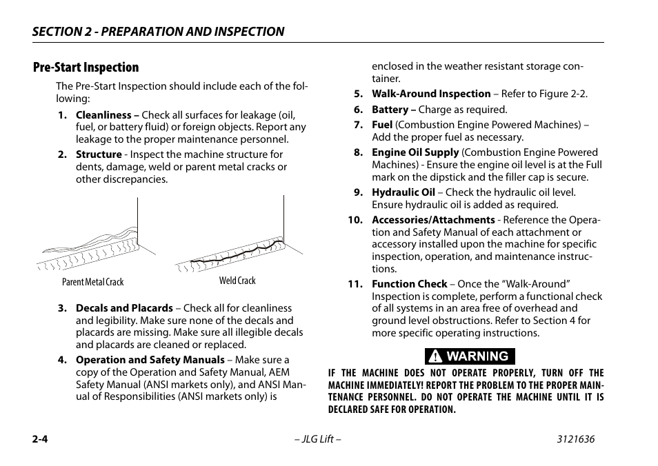 Pre-start inspection, Pre-start inspection -4 | JLG X500AJ Operator Manual User Manual | Page 28 / 154