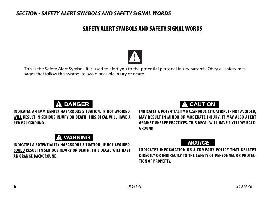 Safety alert symbols and safety signal words | JLG X500AJ Operator Manual User Manual | Page 4 / 154