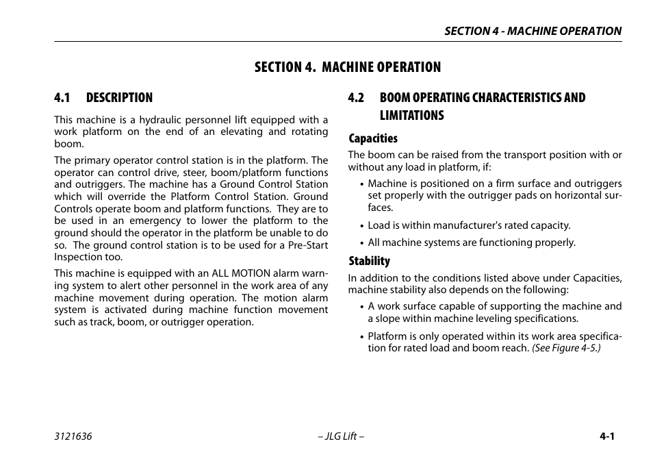 Section 4. machine operation, 1 description, 2 boom operating characteristics and limitations | Capacities, Stability, Section - 4 - machine operation, Description -1, Boom operating characteristics and limitations -1, Capacities -1 stability -1 | JLG X500AJ Operator Manual User Manual | Page 51 / 154