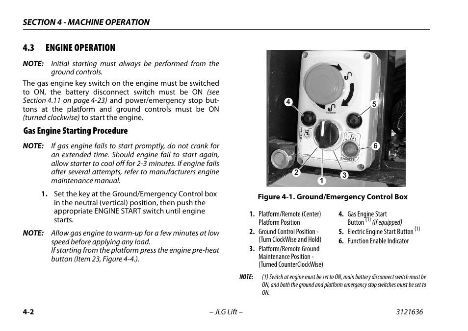 3 engine operation, Gas engine starting procedure, Engine operation -2 | Gas starting procedure -2, Ground/emergency control box -2 | JLG X500AJ Operator Manual User Manual | Page 52 / 154