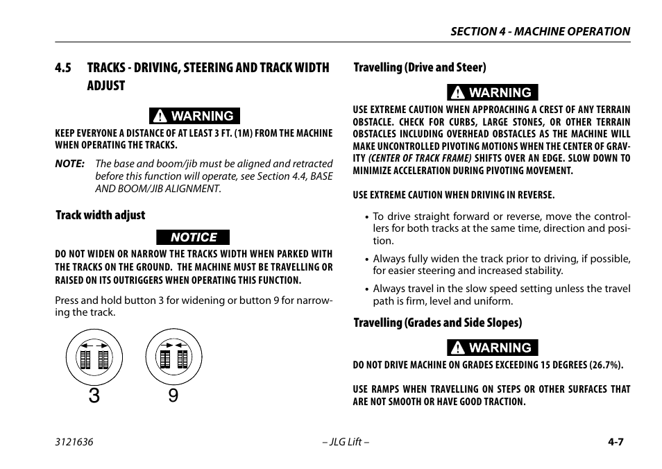 Track width adjust, Travelling (drive and steer), Travelling (grades and side slopes) | JLG X500AJ Operator Manual User Manual | Page 57 / 154