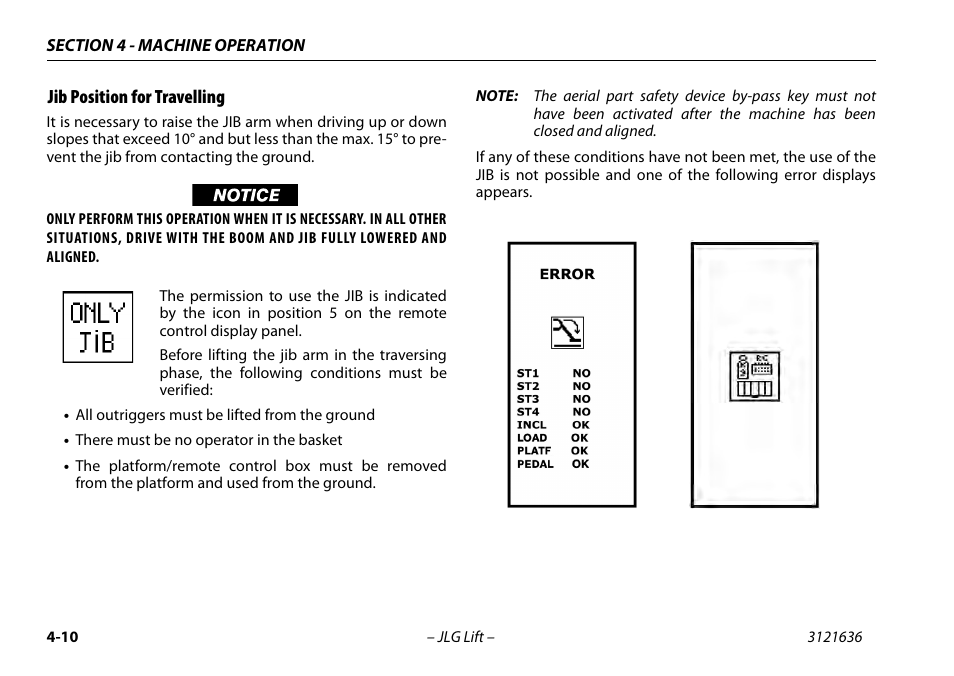 Jib position for travelling | JLG X500AJ Operator Manual User Manual | Page 60 / 154