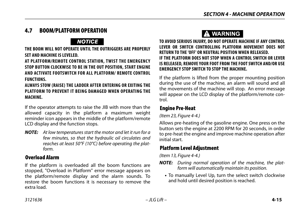 7 boom/platform operation, Overload alarm, Engine pre-heat | Platform level adjustment, Boom/platform operation -15 | JLG X500AJ Operator Manual User Manual | Page 65 / 154