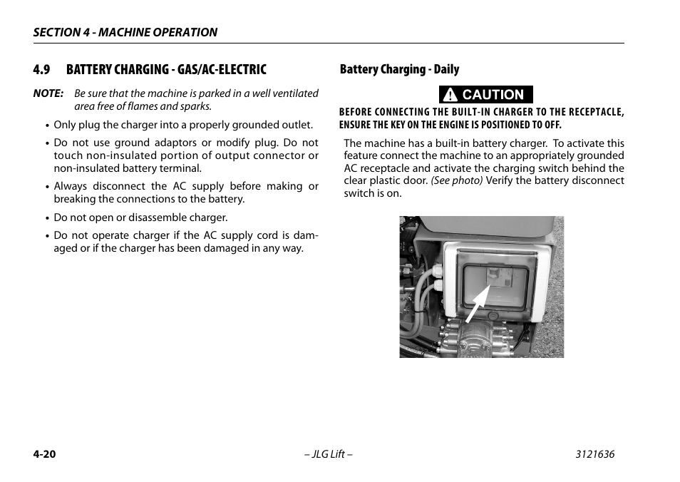 9 battery charging - gas/ac-electric, Battery charging - daily, Battery charging - gas/ac-electric -20 | Battery charging - daily -20 | JLG X500AJ Operator Manual User Manual | Page 70 / 154