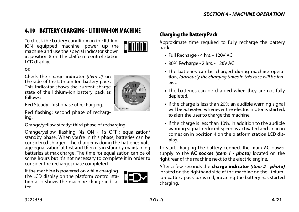 10 battery charging - lithium-ion machine, Charging the battery pack, 10 battery charging - lithium-ion machine -21 | Charging the battery pack -21 | JLG X500AJ Operator Manual User Manual | Page 71 / 154