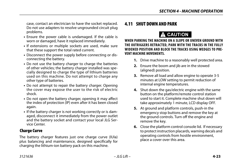 Charge curve, 11 shut down and park, Charge curve -23 | 11 shut down and park -23 | JLG X500AJ Operator Manual User Manual | Page 73 / 154