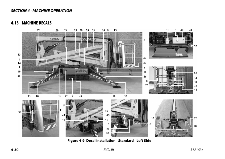 13 machine decals, 13 machine decals -30, Decal installation - standard - left side -30 | JLG X500AJ Operator Manual User Manual | Page 80 / 154