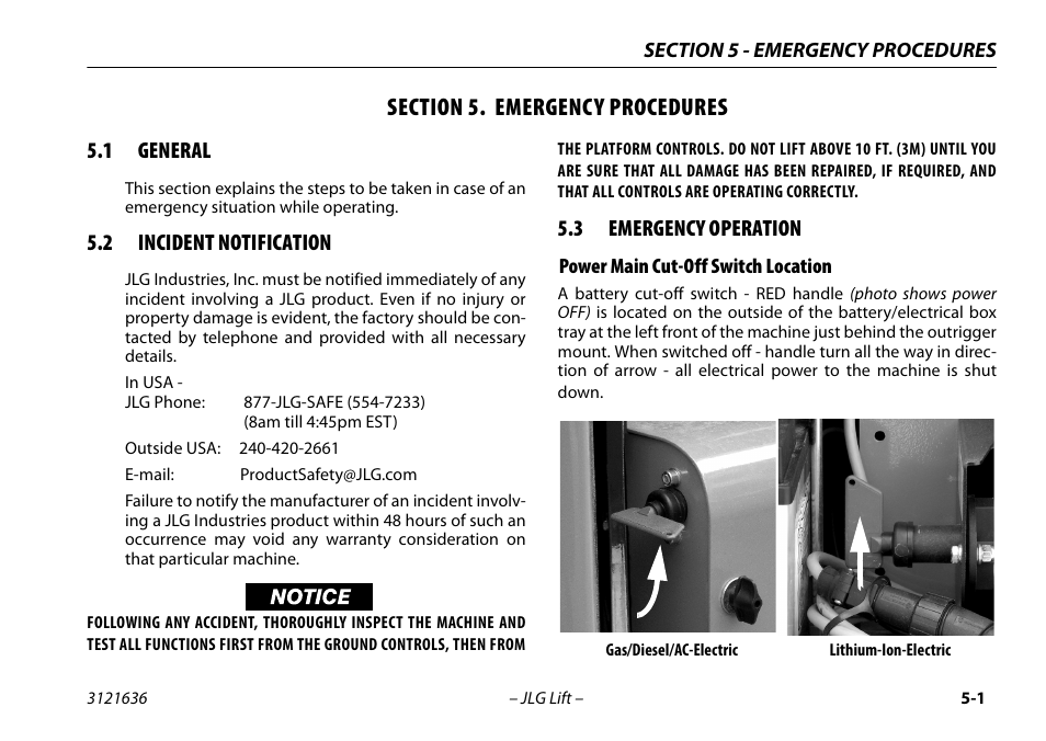 Section 5. emergency procedures, 1 general, 2 incident notification | 3 emergency operation, Power main cut-off switch location, Section - 5 - emergency procedures, General -1, Incident notification -1, Emergency operation -1, Power main cut-off switch location -1 | JLG X500AJ Operator Manual User Manual | Page 89 / 154