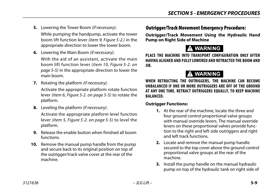 Outrigger/track movement emergency procedure, Outrigger/track movement emergency procedure: -9 | JLG X500AJ Operator Manual User Manual | Page 97 / 154